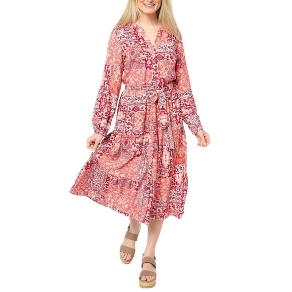 Denim & Co. Canyon Retreat Printed Tiered Midi Dress Size XL Rayon Coral Red - Picture 2 of 10